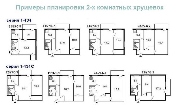 Варианты планировки двухкомнатных "хрущевок" домов разных серий