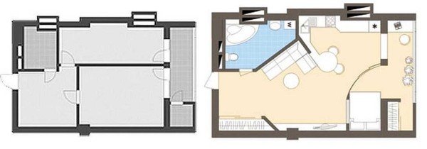 Выделение спальни в однокомнатной квартире при помощи радиальной перегородки и присоединения балкона